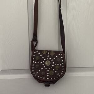 Leather Coin Crossbody Shoulder Bag Dark Brown Studded Antique Coins
